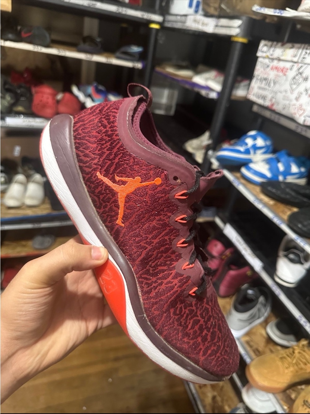Jordan Men's Low-Top Sneaker in Burgundy with Orange Jumpman